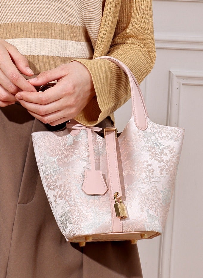 Women Oriental Embroidered Vegetable Basket Bucket Bag Large Capacity Handbag Detachable Crossbody Strap for Daily Use - Image 2