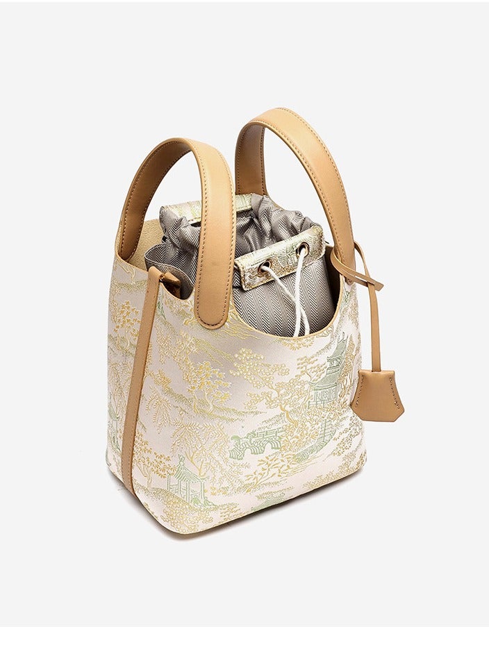 Women Oriental Embroidered Vegetable Basket Bucket Bag Large Capacity Handbag Detachable Crossbody Strap for Daily Use - Image 4