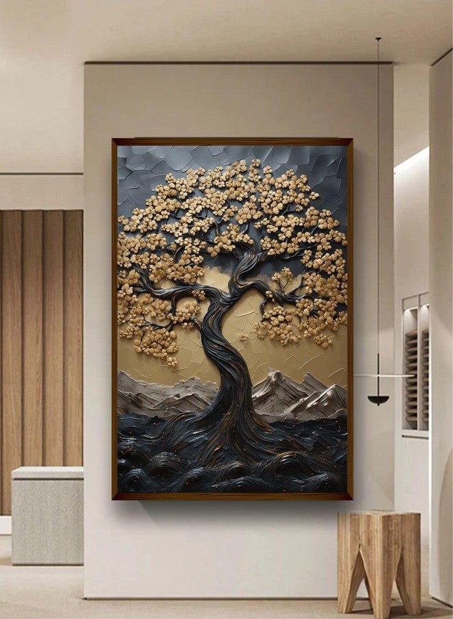 Artsense Premium Wood abstract golden lucky wish tree Painting For Wall Decoration Abstract Wall Painting For Living Room Big Size Painting With Frame-Multicolor -20X30 Inches/(50X71Cm) - Image 1