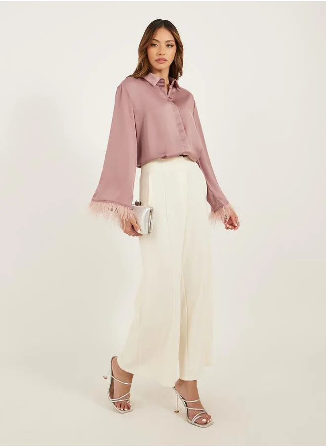ستايلي Solid Button-Down Satin Blouse with Feather Trim Sleeves