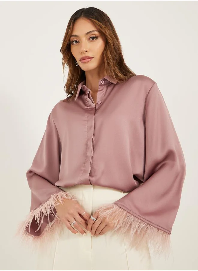 ستايلي Solid Button-Down Satin Blouse with Feather Trim Sleeves