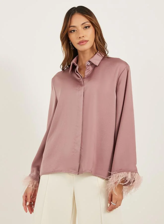 Styli Solid Button-Down Satin Blouse with Feather Trim Sleeves