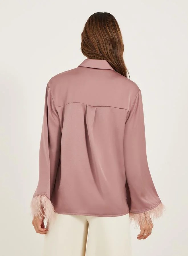 Styli Solid Button-Down Satin Blouse with Feather Trim Sleeves