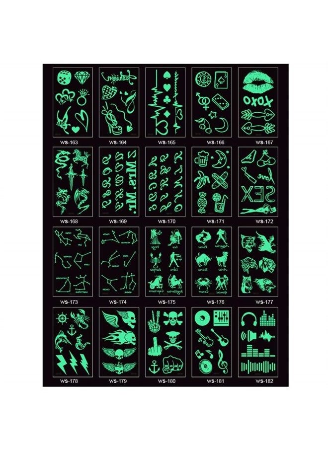 Rayberro - 20 Sheets Glow In Dark Temporary Tattoo Stickers, Luminous Fluorescent Tattoos Waterproof Fake Tattoo Body Art Water Transfer Stickers Fun For Party Festival Club Party Decoration Accessories DIY - Image 1