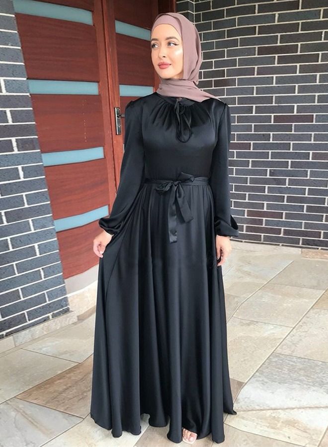 Loquat Women's Elegant Full Length Satin Dress Women's Solid Color Long Sleeves Tunic Dress Black 