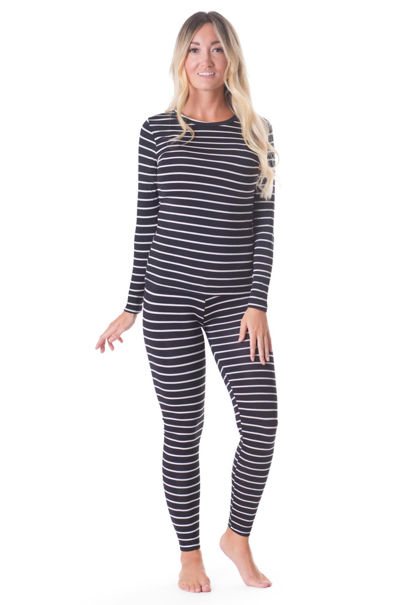 Rocky Thermal Underwear Women Long Johns Womens Thermals Top Bottom Set Fleece Lined Under Wear Clothes Base Layer Thermals, Medium, Black Striped - Image 1