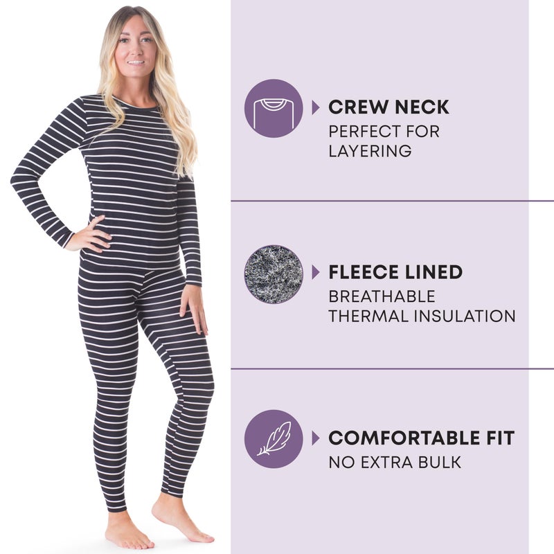 Rocky Thermal Underwear Women Long Johns Womens Thermals Top Bottom Set Fleece Lined Under Wear Clothes Base Layer Thermals, Medium, Black Striped - Image 2