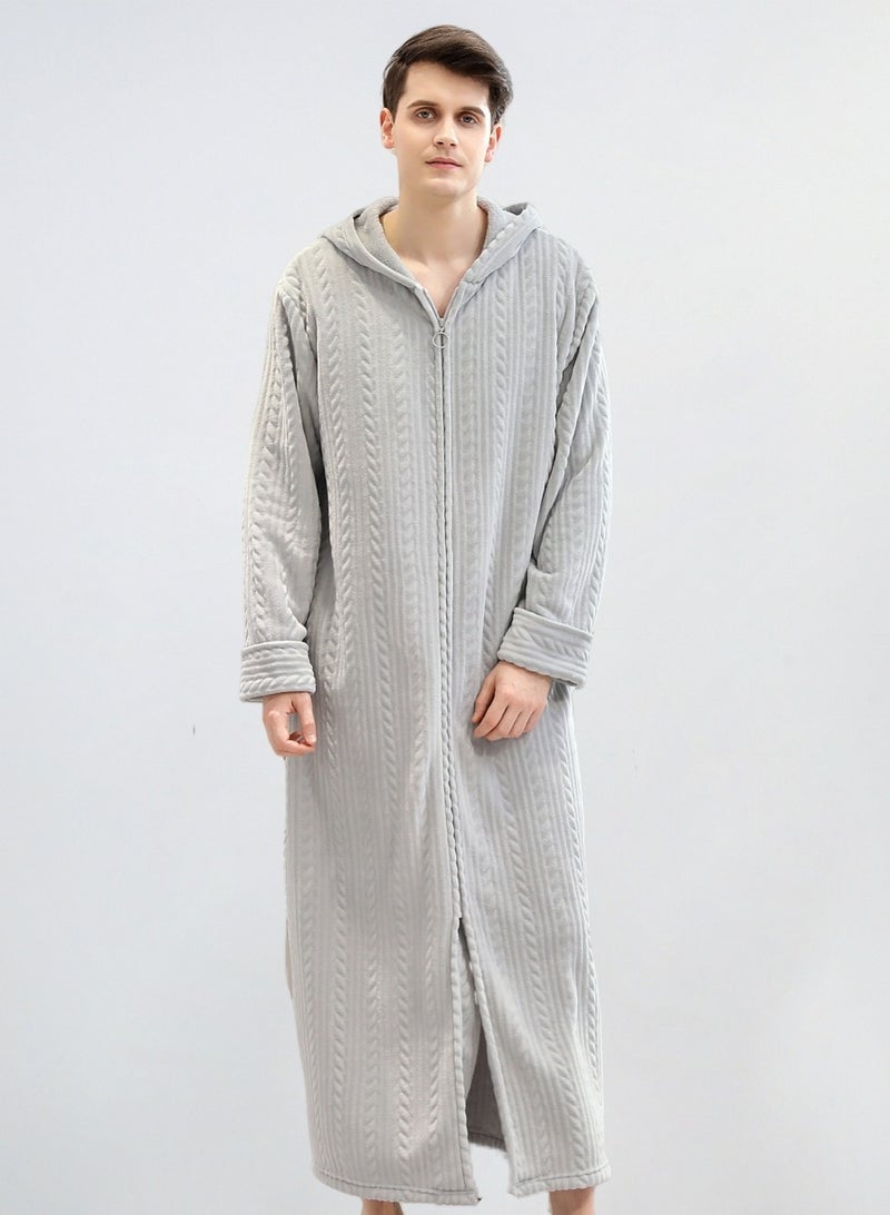 Loquat Unisex Winter Long Thick Zipper Nightgown Flannel Hooded Bathrobe Pajamas Light Grey - Image 1