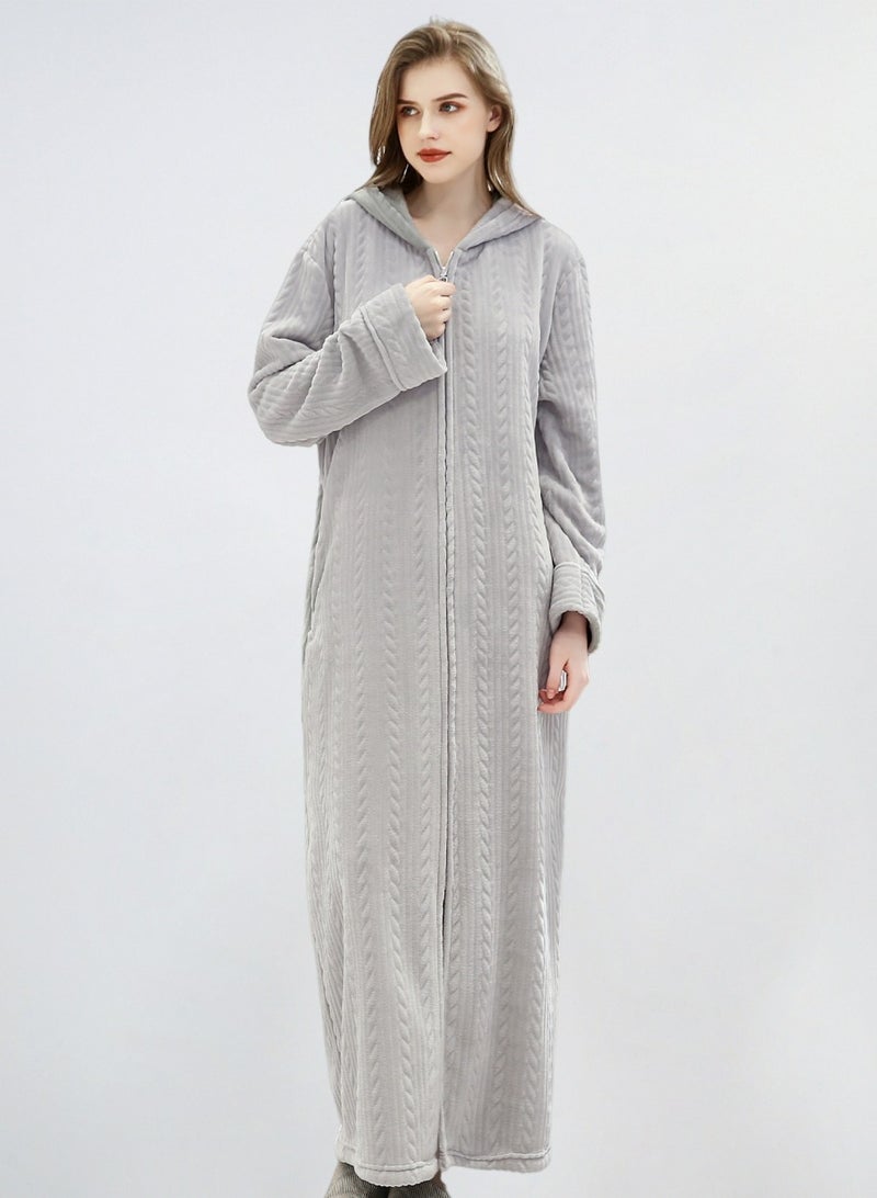 Loquat Unisex Winter Long Thick Zipper Nightgown Flannel Hooded Bathrobe Pajamas Light Grey - Image 2