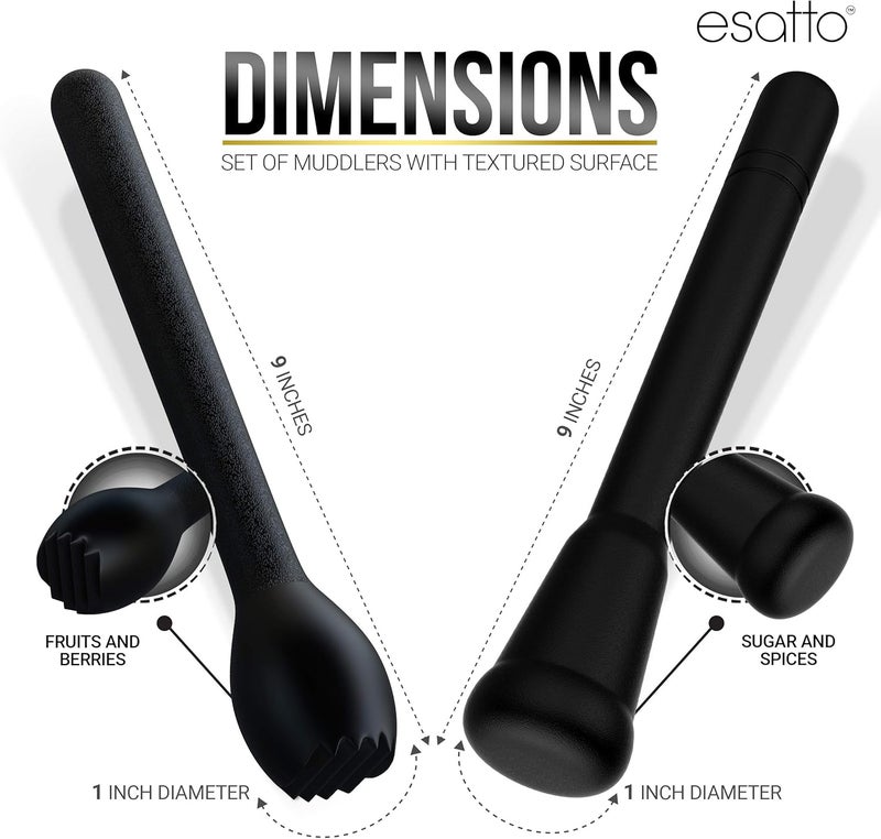Esatto Professional Bar Tool Muddler 25 CM (9 Inches) Ribbed – Made with ABS Plastic, Black Set of 2 – Durable and Ribbed for Mashing Fruits, Berries, Sugar, Spices, and Herbs - Image 2