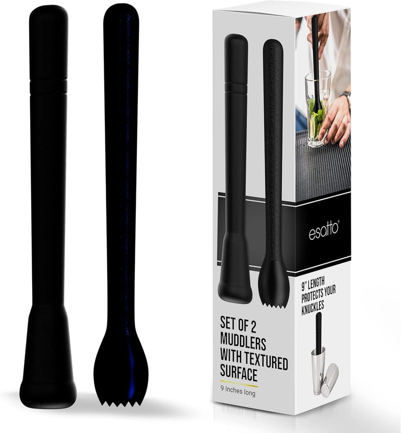 Esatto Professional Bar Tool Muddler 25 CM (9 Inches) Ribbed – Made with ABS Plastic, Black Set of 2 – Durable and Ribbed for Mashing Fruits, Berries, Sugar, Spices, and Herbs - Image 1