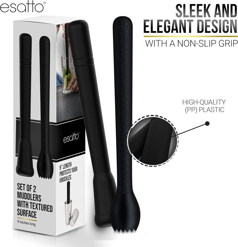 Esatto Professional Bar Tool Muddler 25 CM (9 Inches) Ribbed – Made with ABS Plastic, Black Set of 2 – Durable and Ribbed for Mashing Fruits, Berries, Sugar, Spices, and Herbs - Image 3