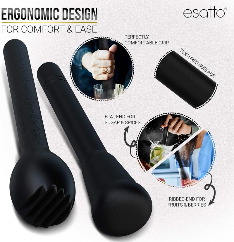 Esatto Professional Bar Tool Muddler 25 CM (9 Inches) Ribbed – Made with ABS Plastic, Black Set of 2 – Durable and Ribbed for Mashing Fruits, Berries, Sugar, Spices, and Herbs - Image 4