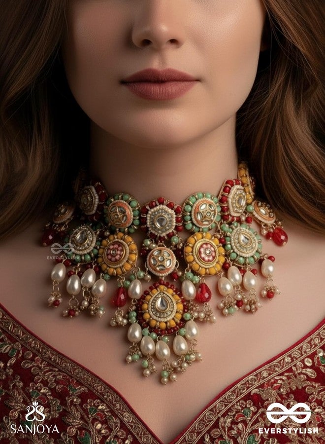 SANJOYA BY EVERSTYLISH Vibhavari Night Full Of Splendor Multi Color Enamelled Kundan Necklace With Pearls And Beads Lightweight Jewelry For Women | Party, Festive, Wedding & Gifting - Image 2