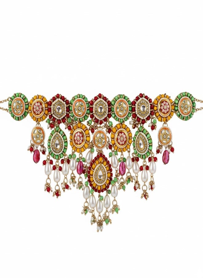 SANJOYA BY EVERSTYLISH Vibhavari Night Full Of Splendor Multi Color Enamelled Kundan Necklace With Pearls And Beads Lightweight Jewelry For Women | Party, Festive, Wedding & Gifting - Image 1