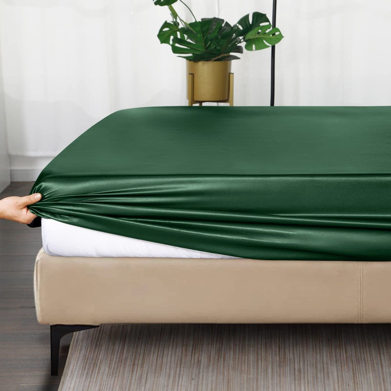 Ersmak Satin Fitted Sheet Only  Luxury Silky Queen Fitted Sheet Ultra Soft Deep Pocket Bottom Sheet  Wrinkle & Fade Resistant - Emerald Green - Image 2