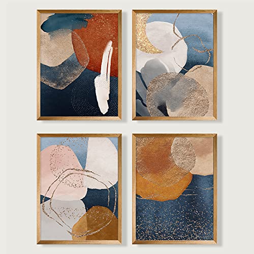 YUMKNOW Boho Abstract Wall Art, Unframed 8x10 Set of 4, Mid Century Modern Wall Decor for Living Room, Minimalist Wall Art Prints, Boho Wall Decor for bedroom, Aesthetic Posters, Gold Blue Art Office - Image 1