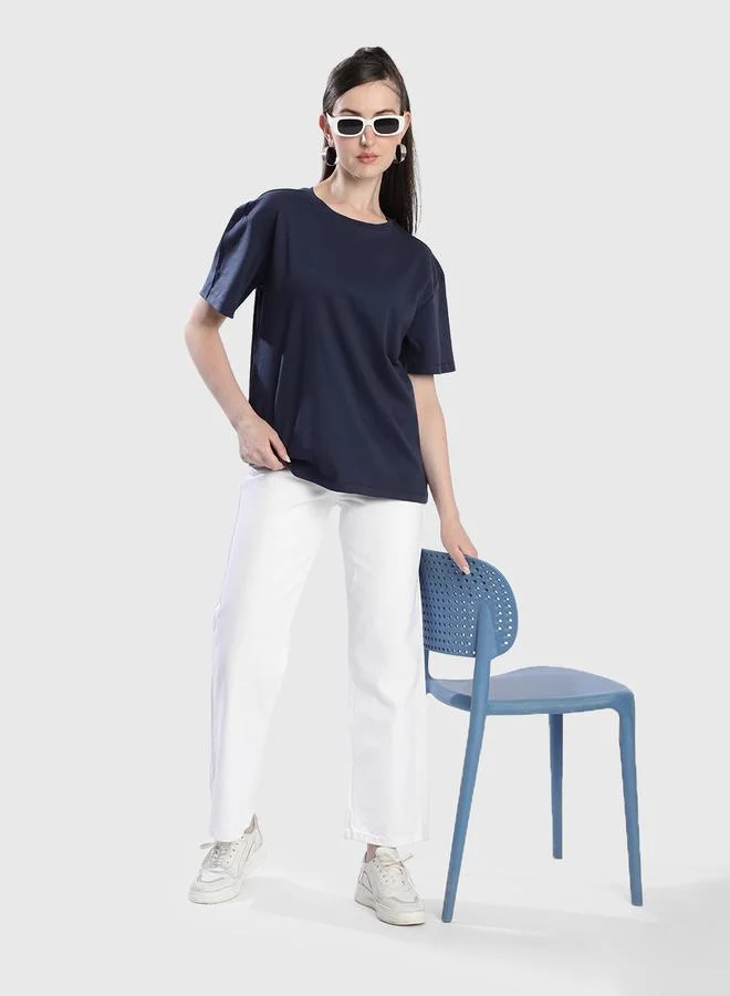 Styli Women Navy Solid Relaxed Fit T-Shirt By Bene Kleed