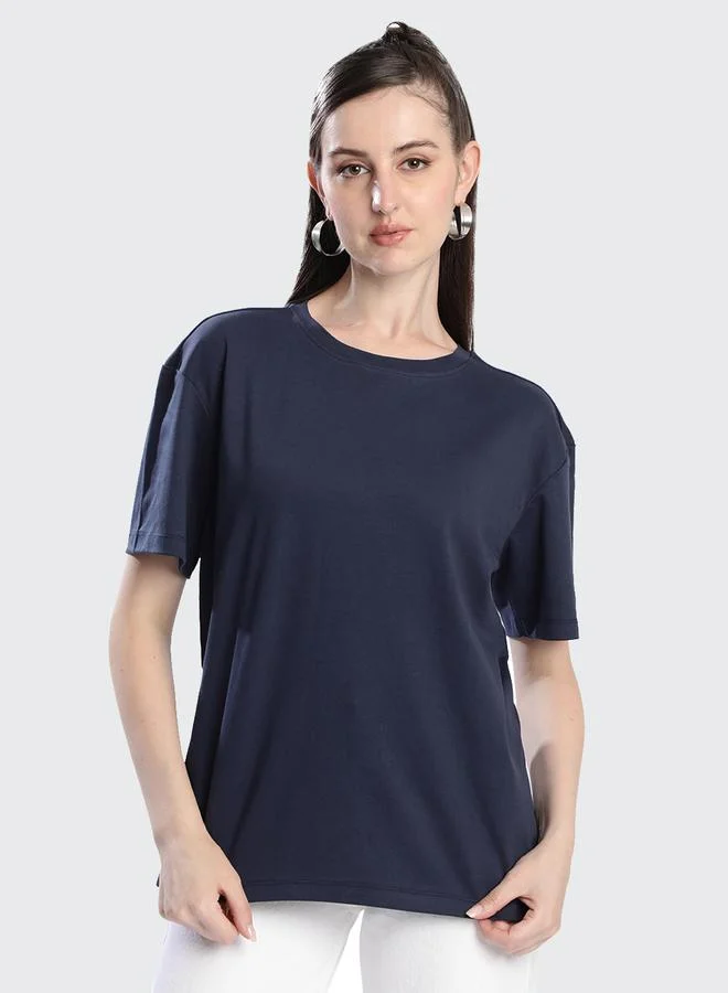 Styli Women Navy Solid Relaxed Fit T-Shirt By Bene Kleed