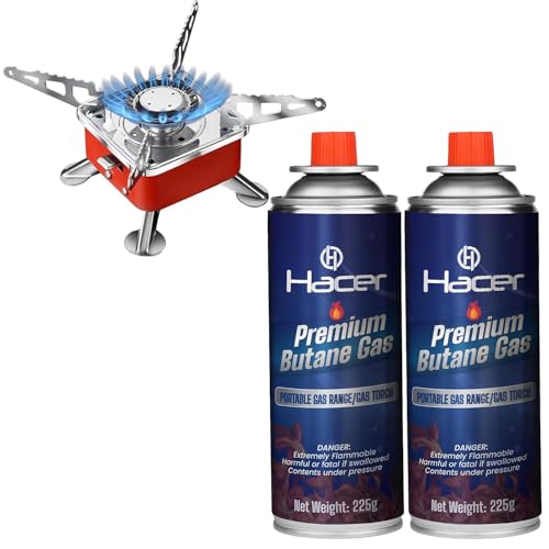 Hacer Portable Camping Gas Stove for Travel with Butane Gas Cylinder, Foldable Furnace & Refill Canister Kit, Lightweight Gas Burner for Hiking & Emergency Cooking Use (2 Gas Refill + 1 Stove) - Image 1