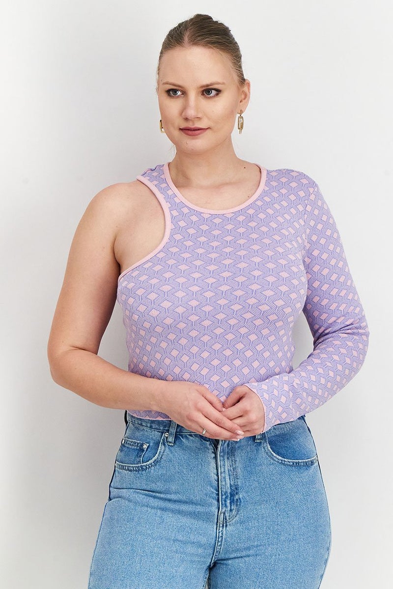 Reserved Women Round Neck One Shoulder Textured Top, Multicolor - Image 1