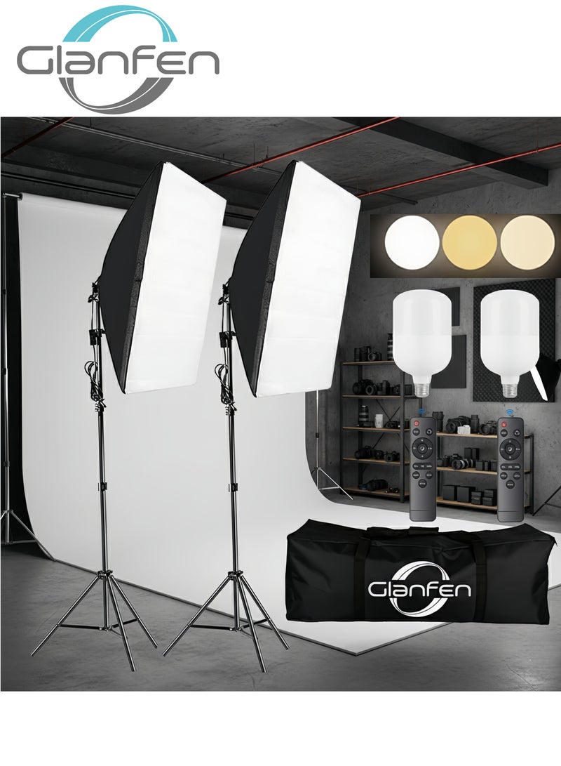 Glanfen Photography Soft Box Lighting Kit with 2 Pcs 200W 3 Colors Bulbs Soft Boxes and Carry Bag for Portrait Product Shooting - Image 1