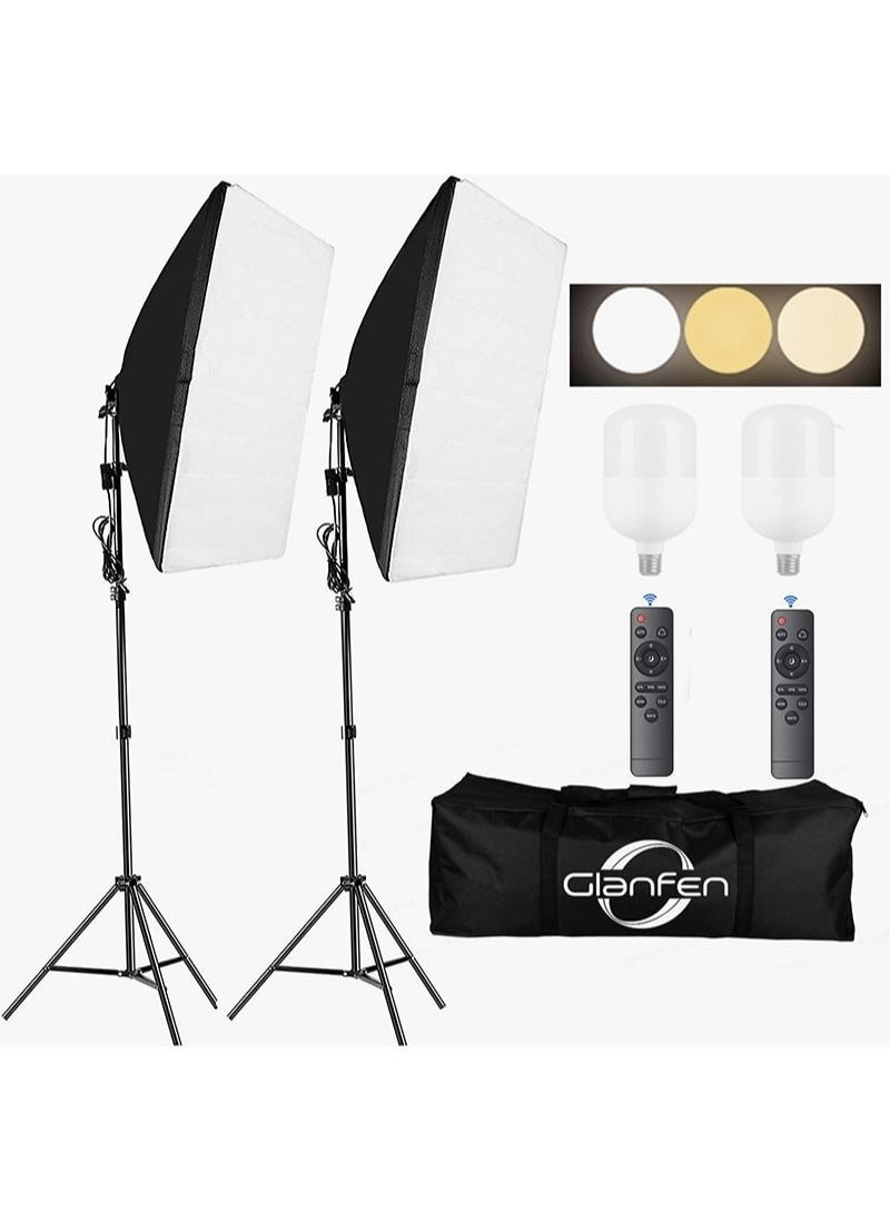 Photography Soft Box Lighting Kit with 2 Pcs 200W 3 Colors Bulbs Soft Boxes and Carry Bag for Portrait Product Shooting