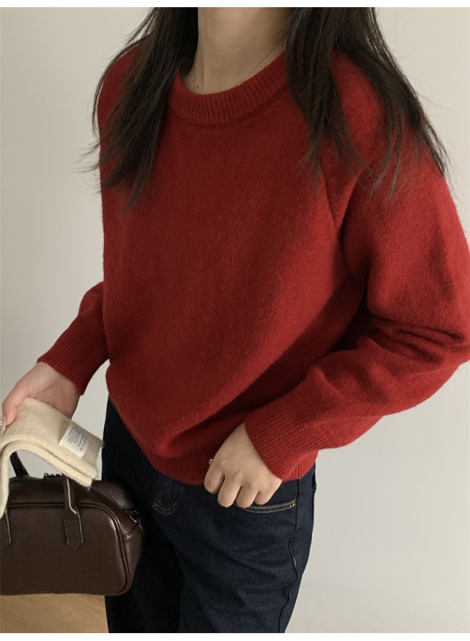 Leyuan Autumn Winter New Solid Color Round Neck Knitted Cardigan Lazy Loose Slim Pullover Women's Sweater - Image 3