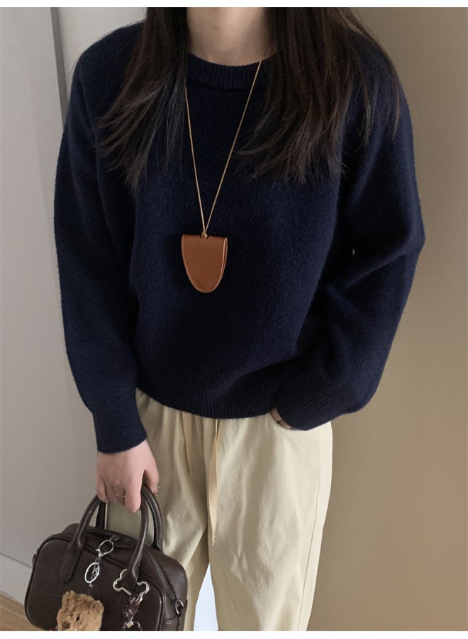 Leyuan Autumn Winter New Solid Color Round Neck Knitted Cardigan Lazy Loose Slim Pullover Women's Sweater - Image 2