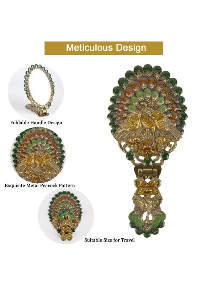 Nerien Vintage Antique Peacock Handheld Vanity Mirror with Comb, Metal Decorative Tabletop Stand, Travel Folding Handle Gift for Women, Bronze - Image 3