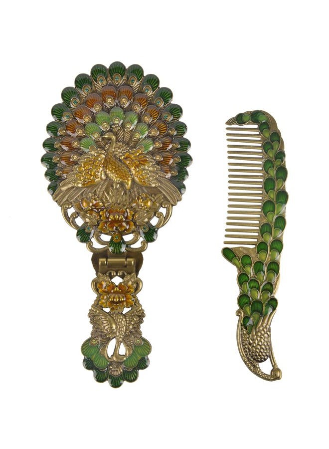 Nerien Vintage Antique Peacock Handheld Vanity Mirror with Comb, Metal Decorative Tabletop Stand, Travel Folding Handle Gift for Women, Bronze - Image 1