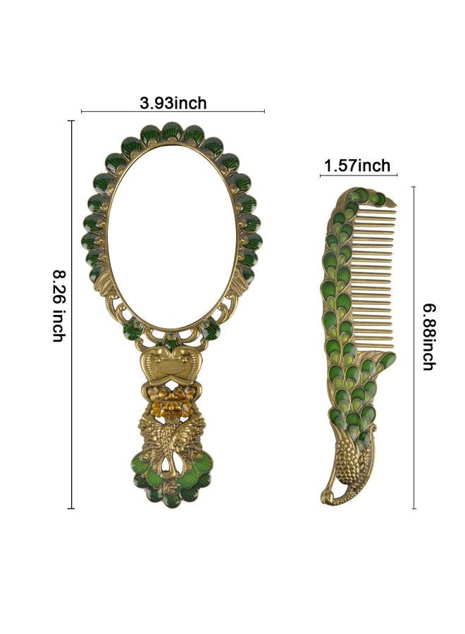 Nerien Vintage Antique Peacock Handheld Vanity Mirror with Comb, Metal Decorative Tabletop Stand, Travel Folding Handle Gift for Women, Bronze - Image 2