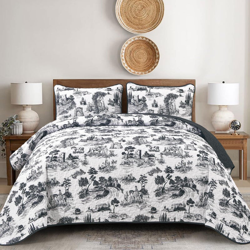 Drucon Black Farmhouse Quilt Set King Size, Toile Rustic Bedspreads, 3 Pieces Village Landscape Printed Coverlet, Soft Microfiber Quilt Bedding Set for All Season (106x90 Inch) - Image 1