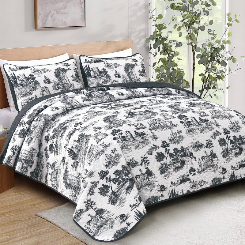 Drucon Black Farmhouse Quilt Set King Size, Toile Rustic Bedspreads, 3 Pieces Village Landscape Printed Coverlet, Soft Microfiber Quilt Bedding Set for All Season (106x90 Inch) - Image 2