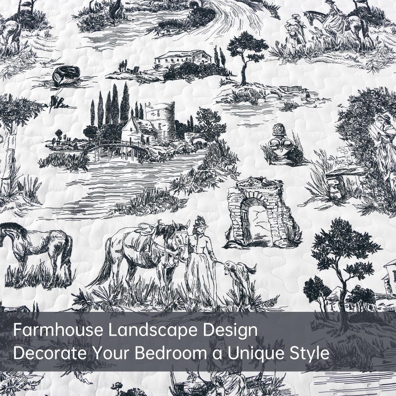 Drucon Black Farmhouse Quilt Set King Size, Toile Rustic Bedspreads, 3 Pieces Village Landscape Printed Coverlet, Soft Microfiber Quilt Bedding Set for All Season (106x90 Inch) - Image 4