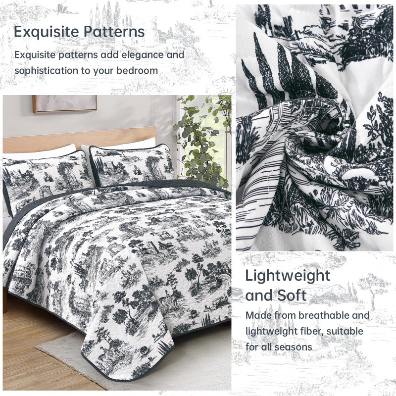 Drucon Black Farmhouse Quilt Set King Size, Toile Rustic Bedspreads, 3 Pieces Village Landscape Printed Coverlet, Soft Microfiber Quilt Bedding Set for All Season (106x90 Inch) - Image 5