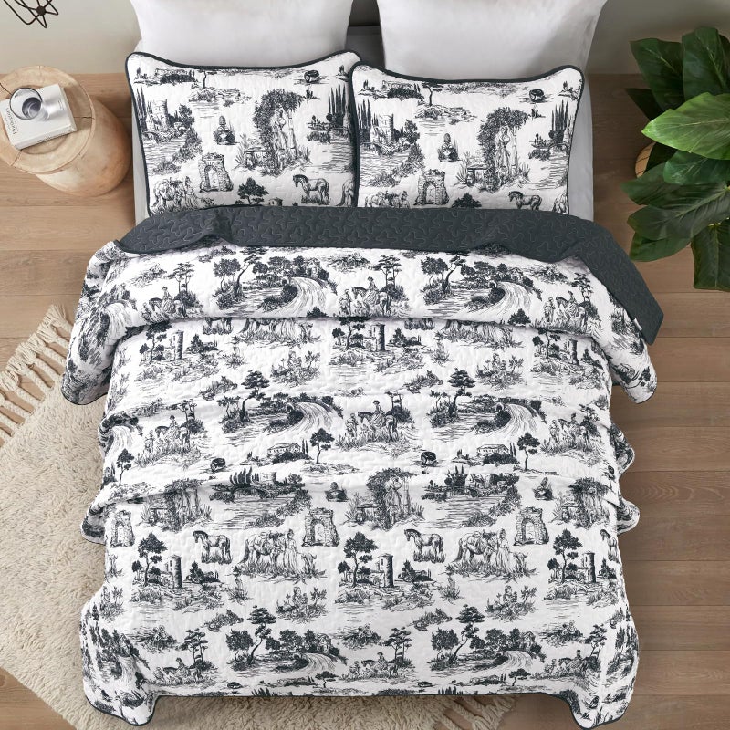 Drucon Black Farmhouse Quilt Set King Size, Toile Rustic Bedspreads, 3 Pieces Village Landscape Printed Coverlet, Soft Microfiber Quilt Bedding Set for All Season (106x90 Inch) - Image 3