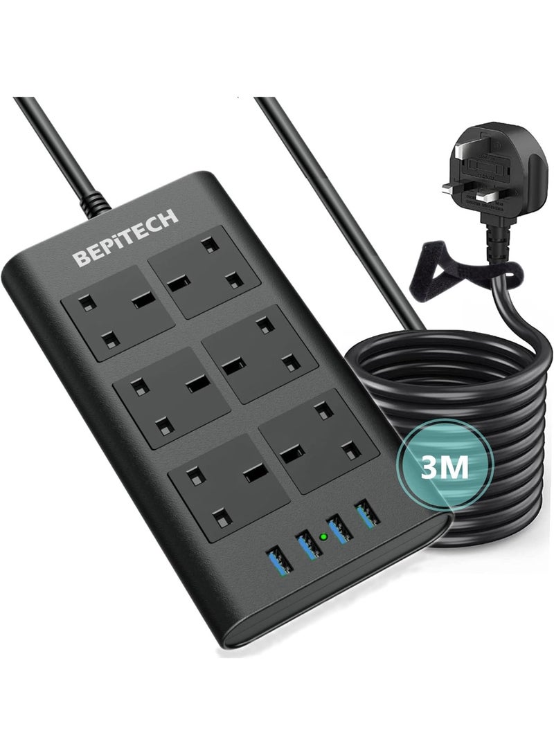 BEPiTECH 3-Meter 6 Gang Extension Cord with 4 USB Ports, Surge Protected Power Strip, 6 UK-UAE Multi-Plug Charging Station, Flat Design Extension Lead for phone/Tablet/Laptops/Travel/Office/Home - Image 1