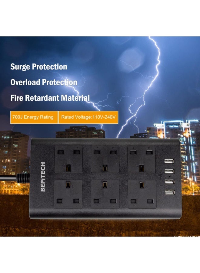 BEPiTECH 3-Meter 6 Gang Extension Cord with 4 USB Ports, Surge Protected Power Strip, 6 UK-UAE Multi-Plug Charging Station, Flat Design Extension Lead for phone/Tablet/Laptops/Travel/Office/Home - Image 3