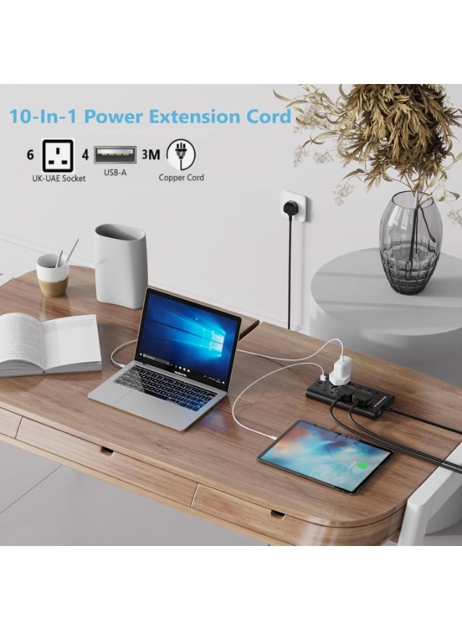 BEPiTECH 3-Meter 6 Gang Extension Cord with 4 USB Ports, Surge Protected Power Strip, 6 UK-UAE Multi-Plug Charging Station, Flat Design Extension Lead for phone/Tablet/Laptops/Travel/Office/Home - Image 5