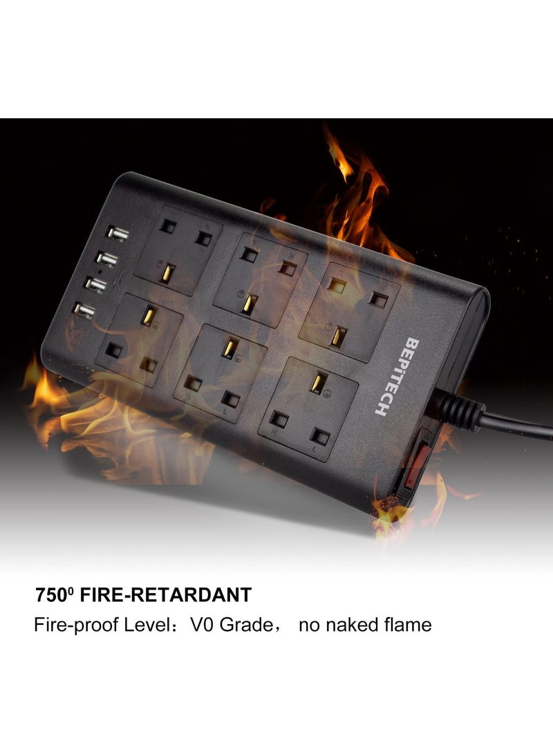 BEPiTECH 3-Meter 6 Gang Extension Cord with 4 USB Ports, Surge Protected Power Strip, 6 UK-UAE Multi-Plug Charging Station, Flat Design Extension Lead for phone/Tablet/Laptops/Travel/Office/Home - Image 4