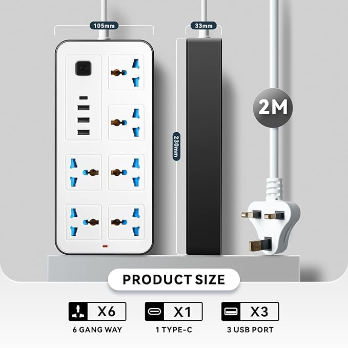 Scaroal Multifunctional Electrical Extension Socket British Plug USB C Cable Power Cord Strips 6 Outlets 3 Pin 3 USB Ports and 1 Type C Port for Home Kitchen Office White - Image 3