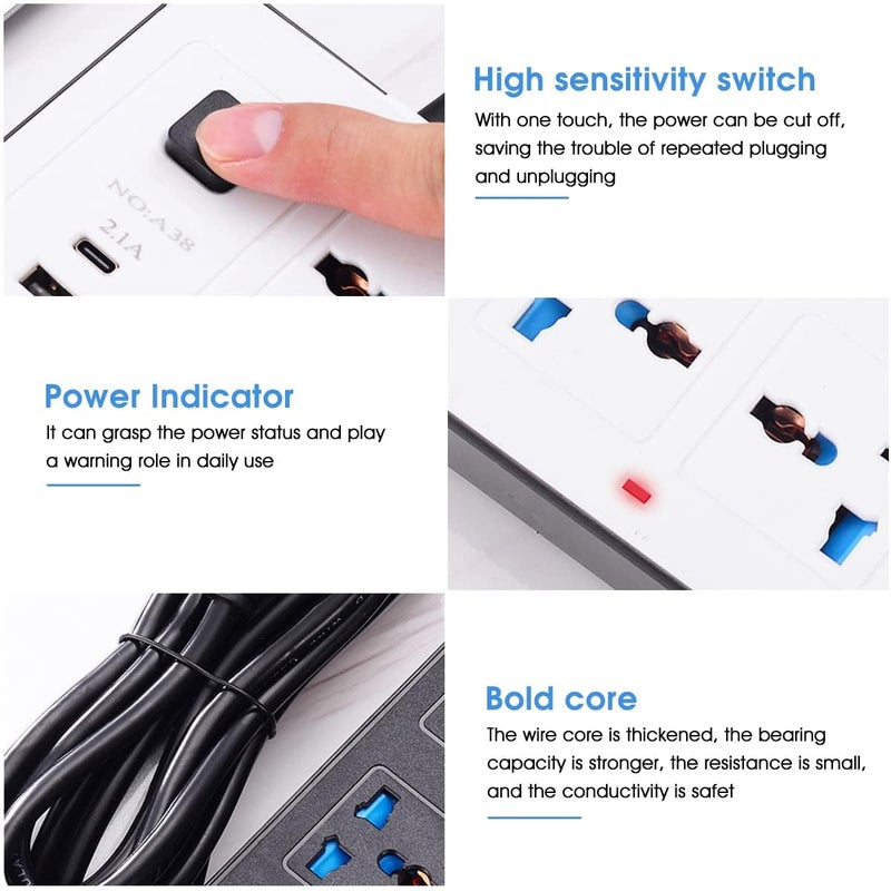 Scaroal Multifunctional Electrical Extension Socket British Plug USB C Cable Power Cord Strips 6 Outlets 3 Pin 3 USB Ports and 1 Type C Port for Home Kitchen Office White - Image 4
