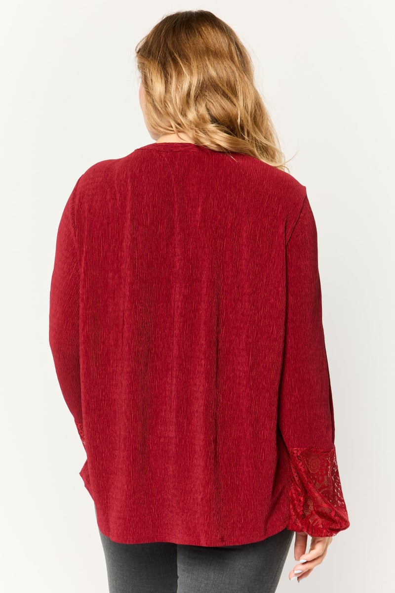 Cable & Gauge Women Split Neck Long Sleeve Textured Print Tops, Red - Image 4