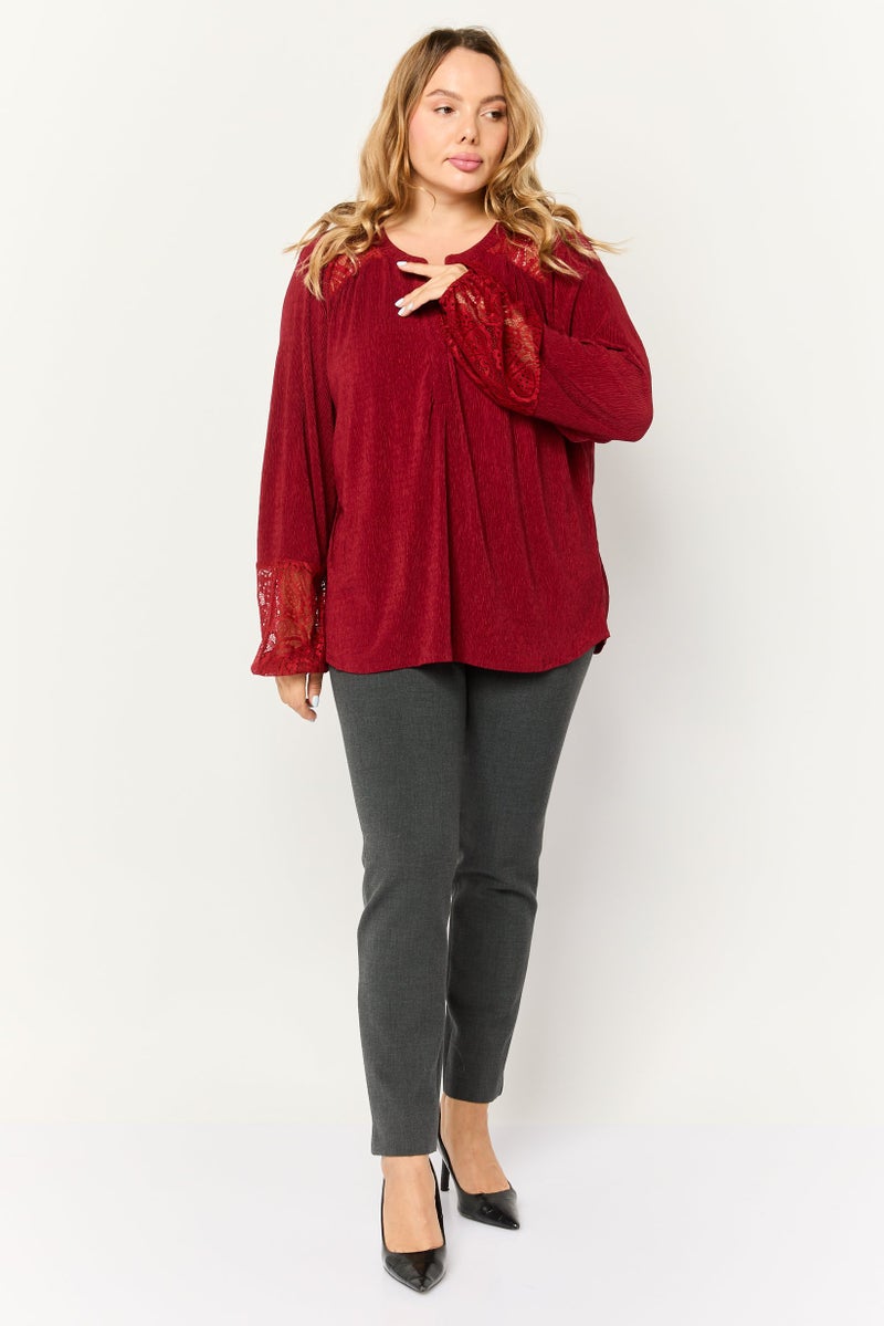 Cable & Gauge Women Split Neck Long Sleeve Textured Print Tops, Red - Image 2