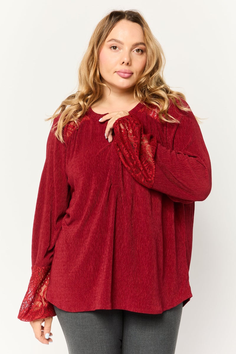 Cable & Gauge Women Split Neck Long Sleeve Textured Print Tops, Red - Image 1