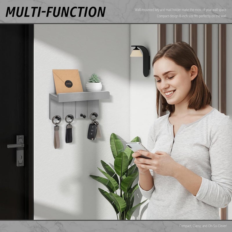 Rebee Vision Small Key Holder Wall Mount - Decorative Key and Mail Holder for Wall with Shelf and 4 Hooks for Aesthetic Room Decor - Modern Apartment Essentials for Home Decor (Light Gray) - Image 3