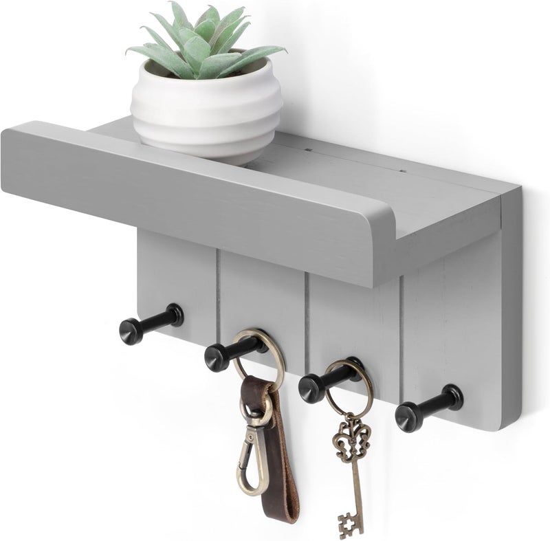 Rebee Vision Small Key Holder Wall Mount - Decorative Key and Mail Holder for Wall with Shelf and 4 Hooks for Aesthetic Room Decor - Modern Apartment Essentials for Home Decor (Light Gray) - Image 1