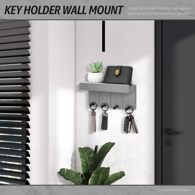 Rebee Vision Small Key Holder Wall Mount - Decorative Key and Mail Holder for Wall with Shelf and 4 Hooks for Aesthetic Room Decor - Modern Apartment Essentials for Home Decor (Light Gray) - Image 2