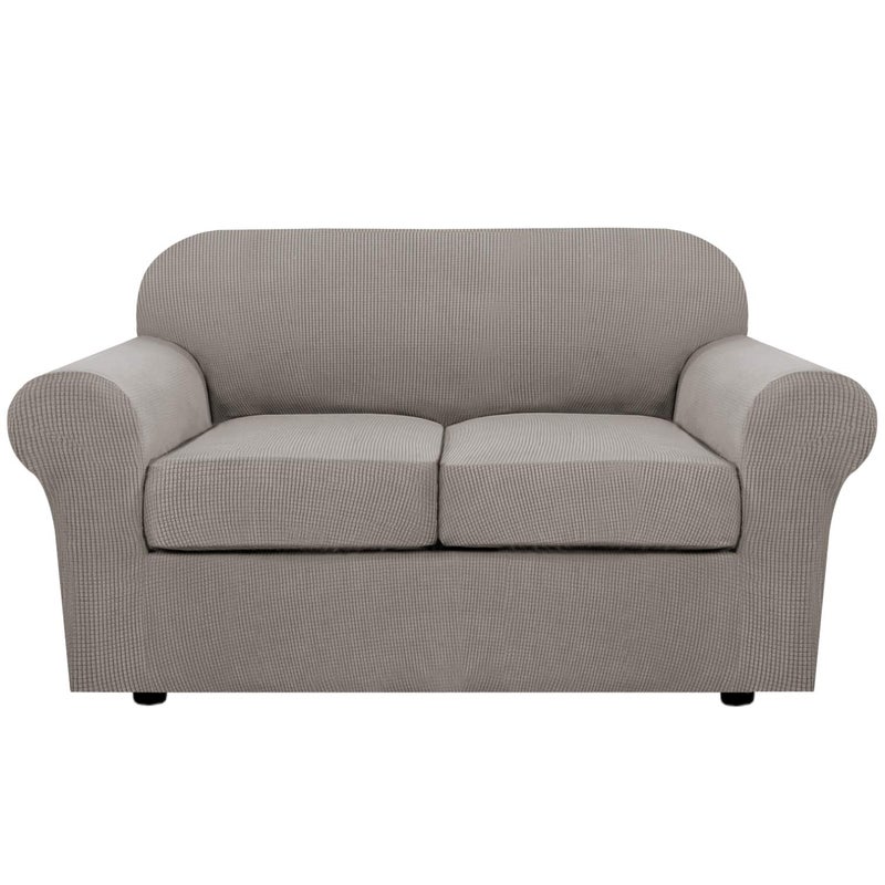HVERSAILTEX 3 Piece Stretch Sofa Covers for 2 Cushion Loveseat Couch  Thicker Jacquard Fabric Medium Sofa Taupe